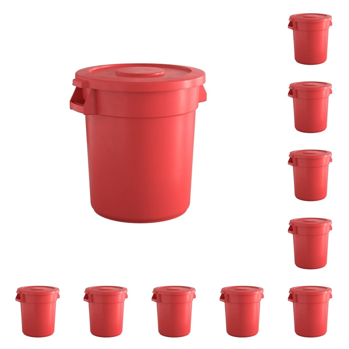 10 Pack! 10 Gallon Red Round Commercial Trash Can With Lid - PRO&Family