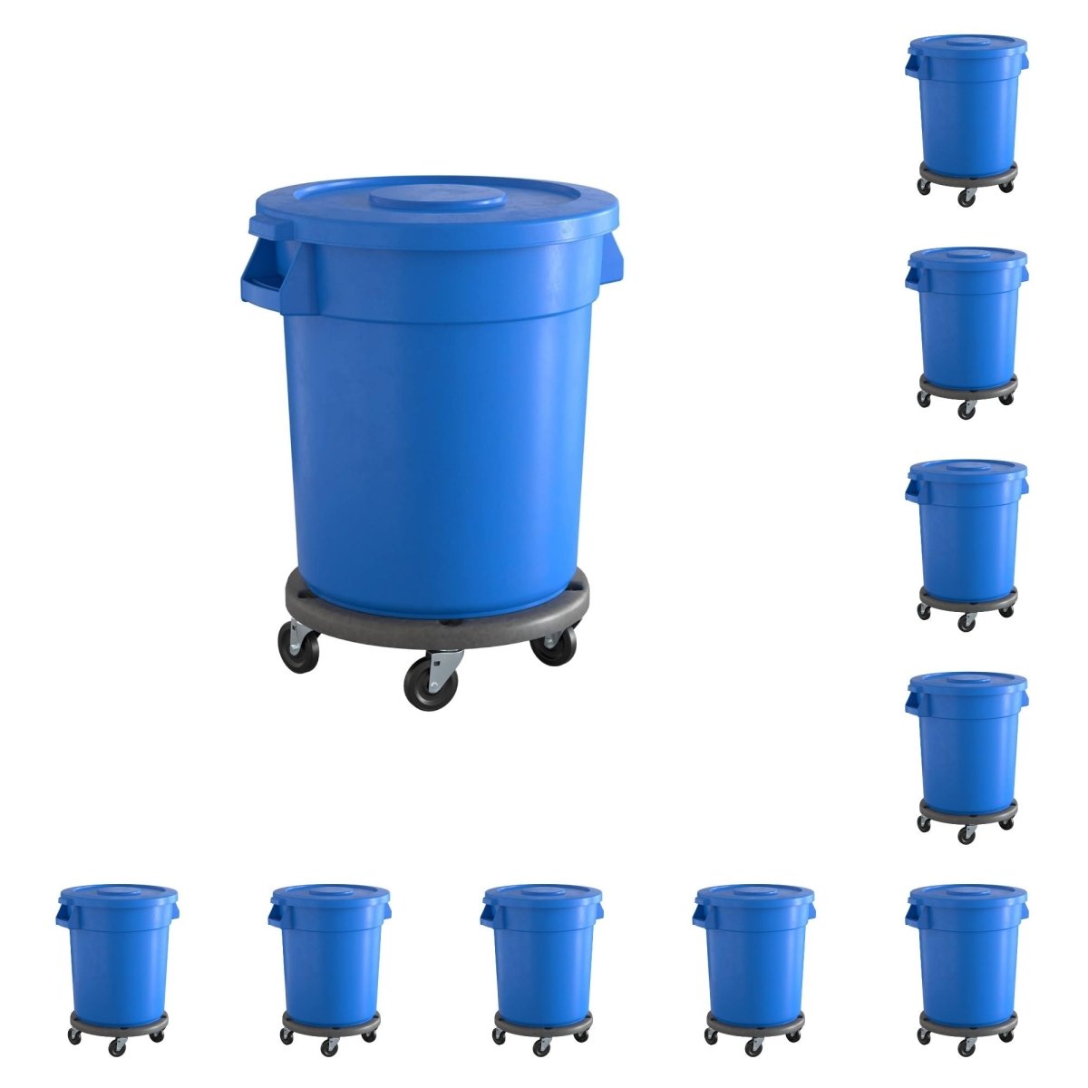 10 Pack! 20 Gallon Blue Round Commercial Trash Can With Lid And Dolly - PRO&Family