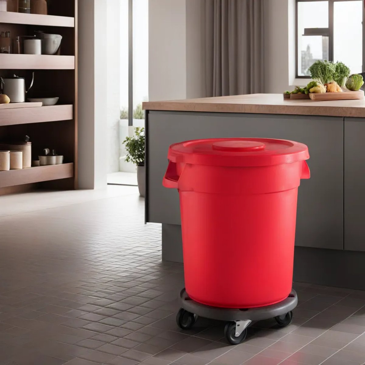 10 Pack! 20 Gallon Red Round Commercial Trash Can With Lid And Dolly - PRO&Family