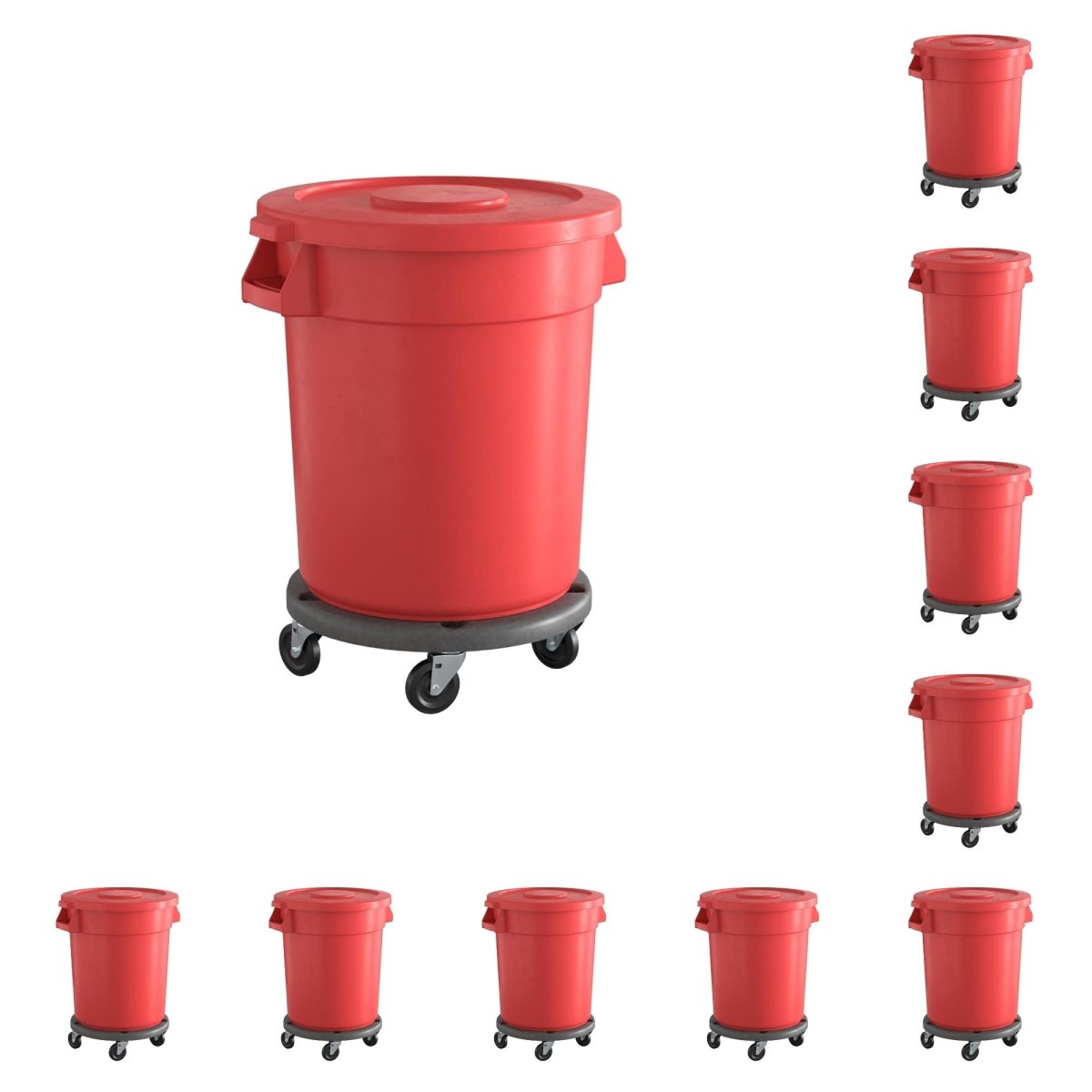 10 Pack! 20 Gallon Red Round Commercial Trash Can With Lid And Dolly - PRO&Family