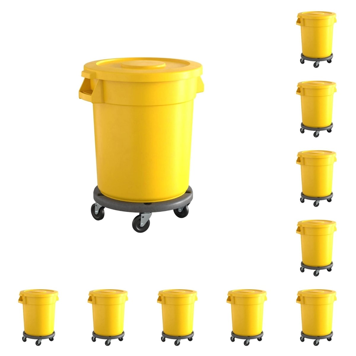 10 Pack! 20 Gallon Yellow Round Commercial Trash Can With Lid And Dolly - PRO&Family