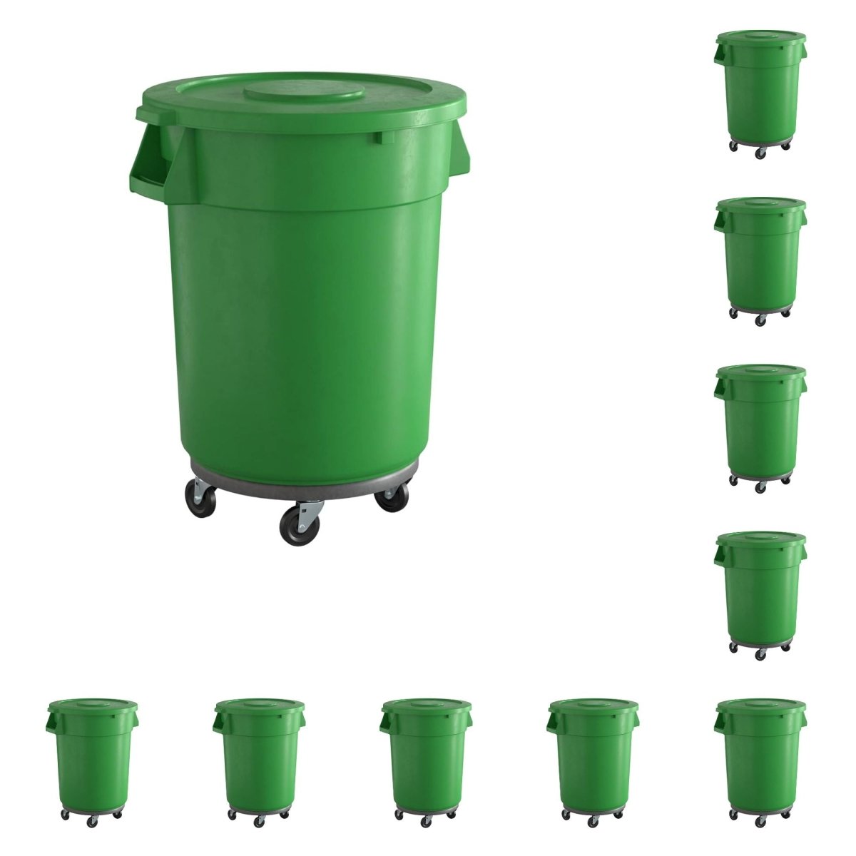 10 Pack! 32 Gallon Green Round Commercial Trash Can With Lid And Dolly - PRO&Family