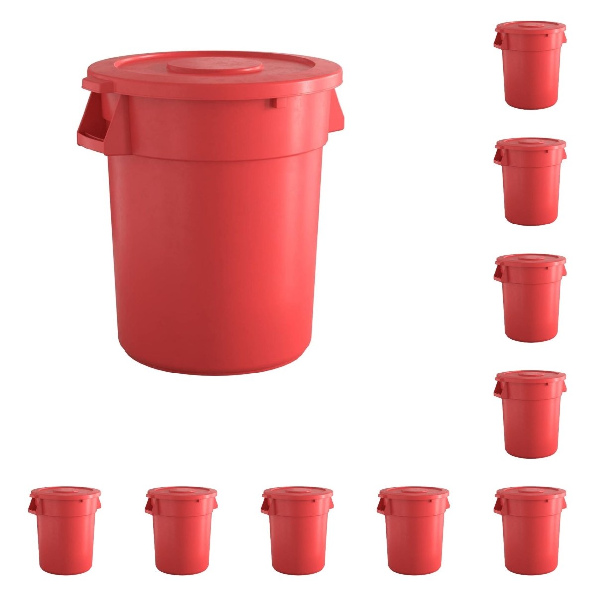 10 Pack! 32 Gallon Red Round Commercial Trash Can With Lid - PRO&Family