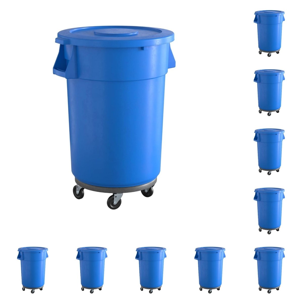 10 Pack! 44 Gallon Blue Round Commercial Trash Can With Lid And Dolly - PRO&Family