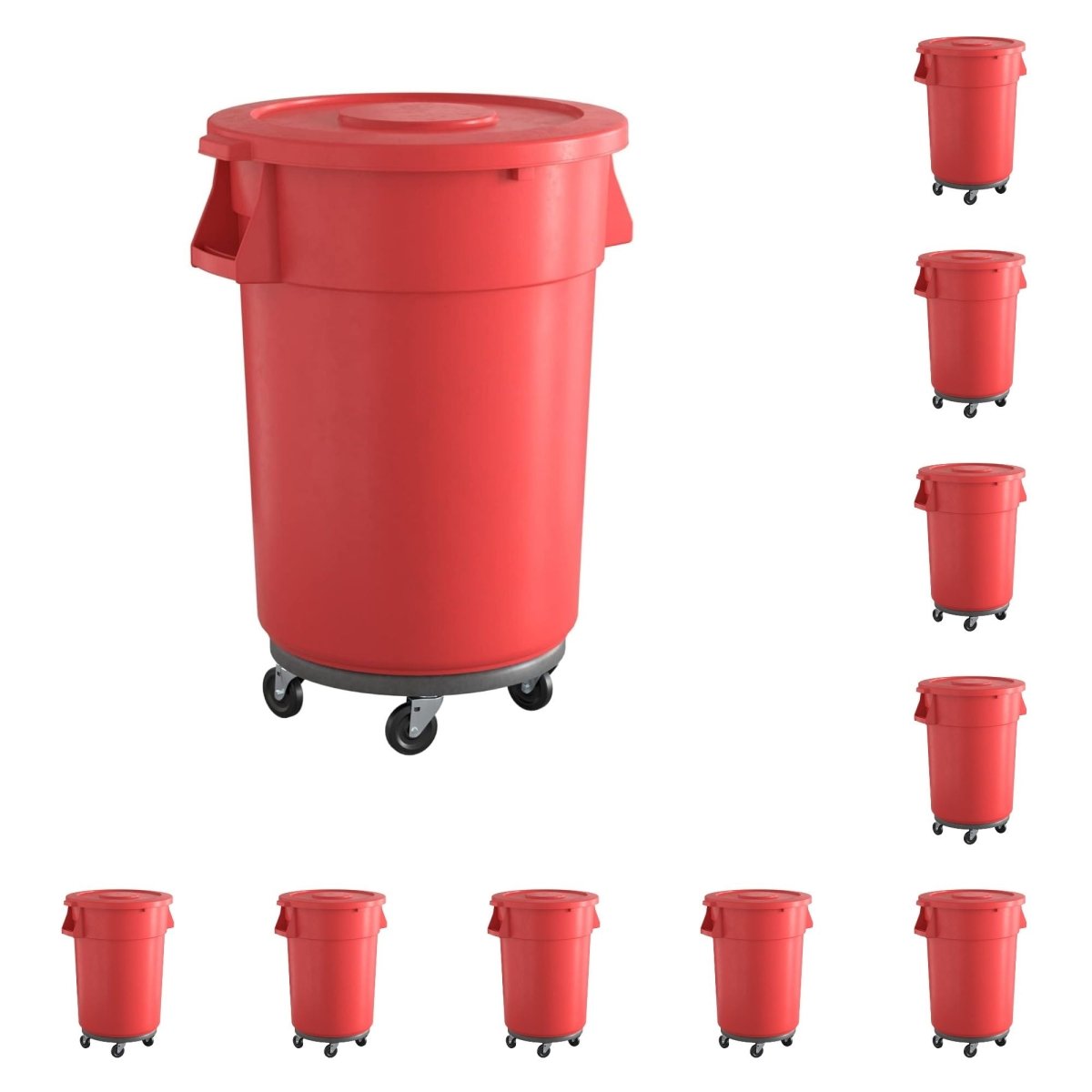 10 Pack! 44 Gallon Red Round Commercial Trash Can With Lid And Dolly - PRO&Family