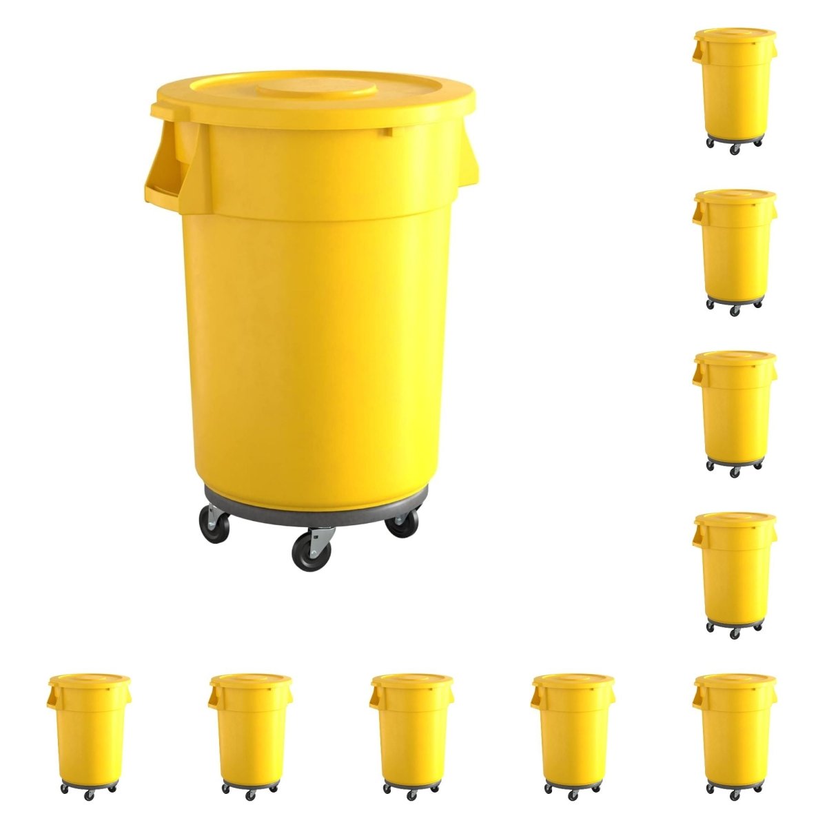 10 Pack! 44 Gallon Yellow Round Commercial Trash Can With Lid And Dolly - PRO&Family