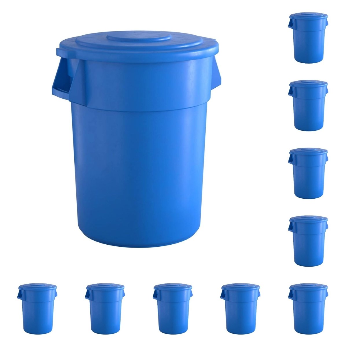 10 Pack! 55 Gallon Blue Round Commercial Trash Can With Lid - PRO&Family