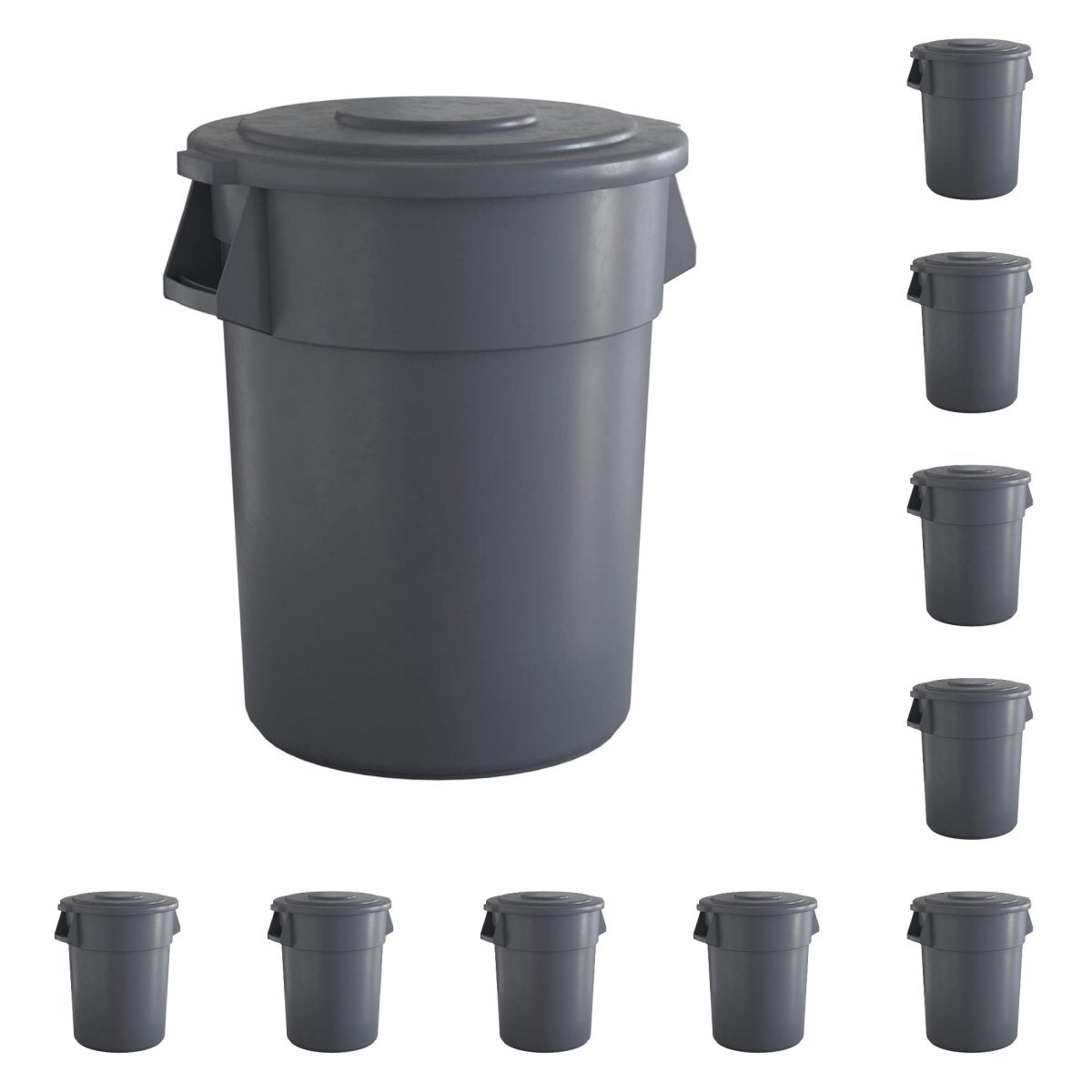 10 Pack! 55 Gallon Gray Round Commercial Trash Can With Lid - PRO&Family