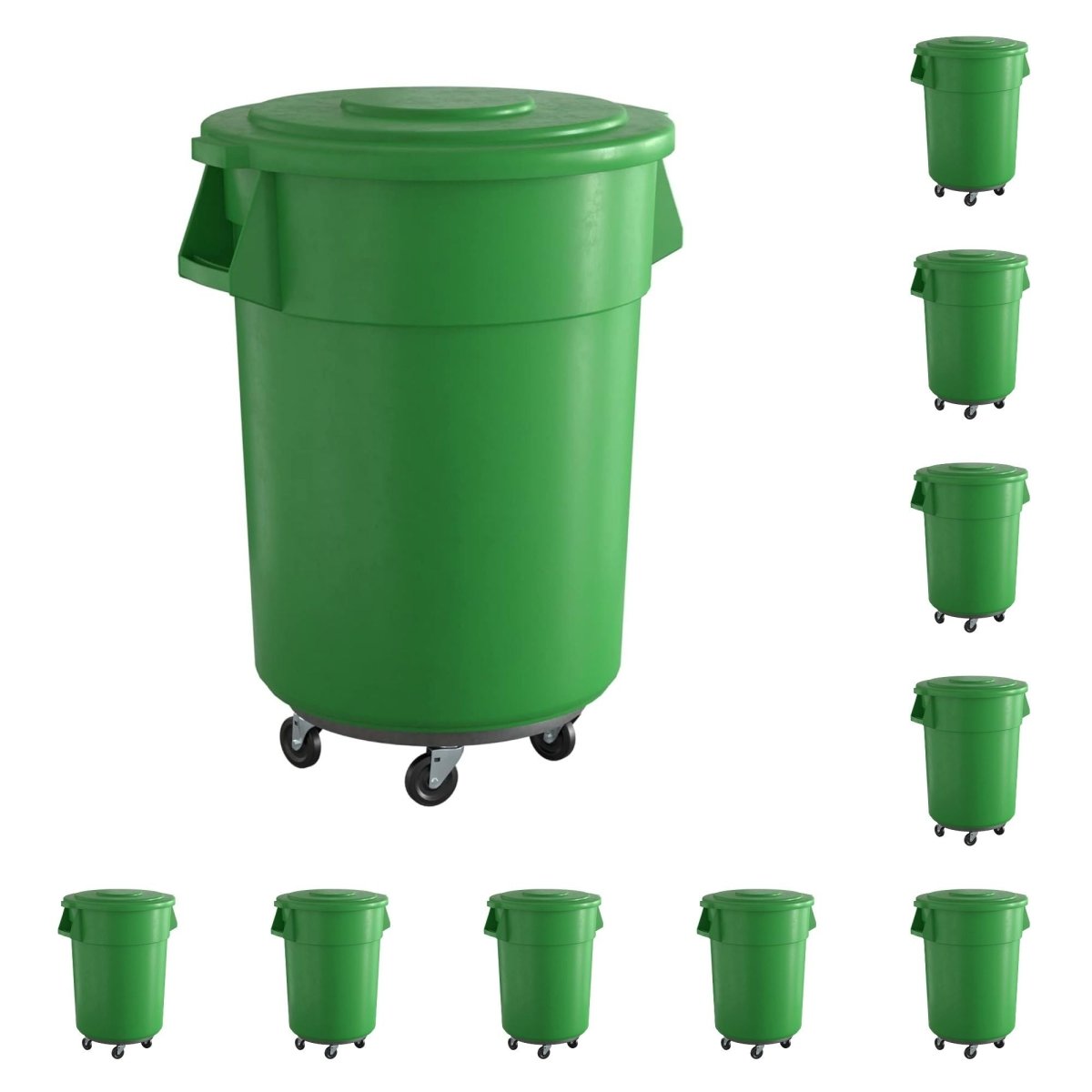 10 Pack! 55 Gallon Green Round Commercial Trash Can With Lid And Dolly - PRO&Family