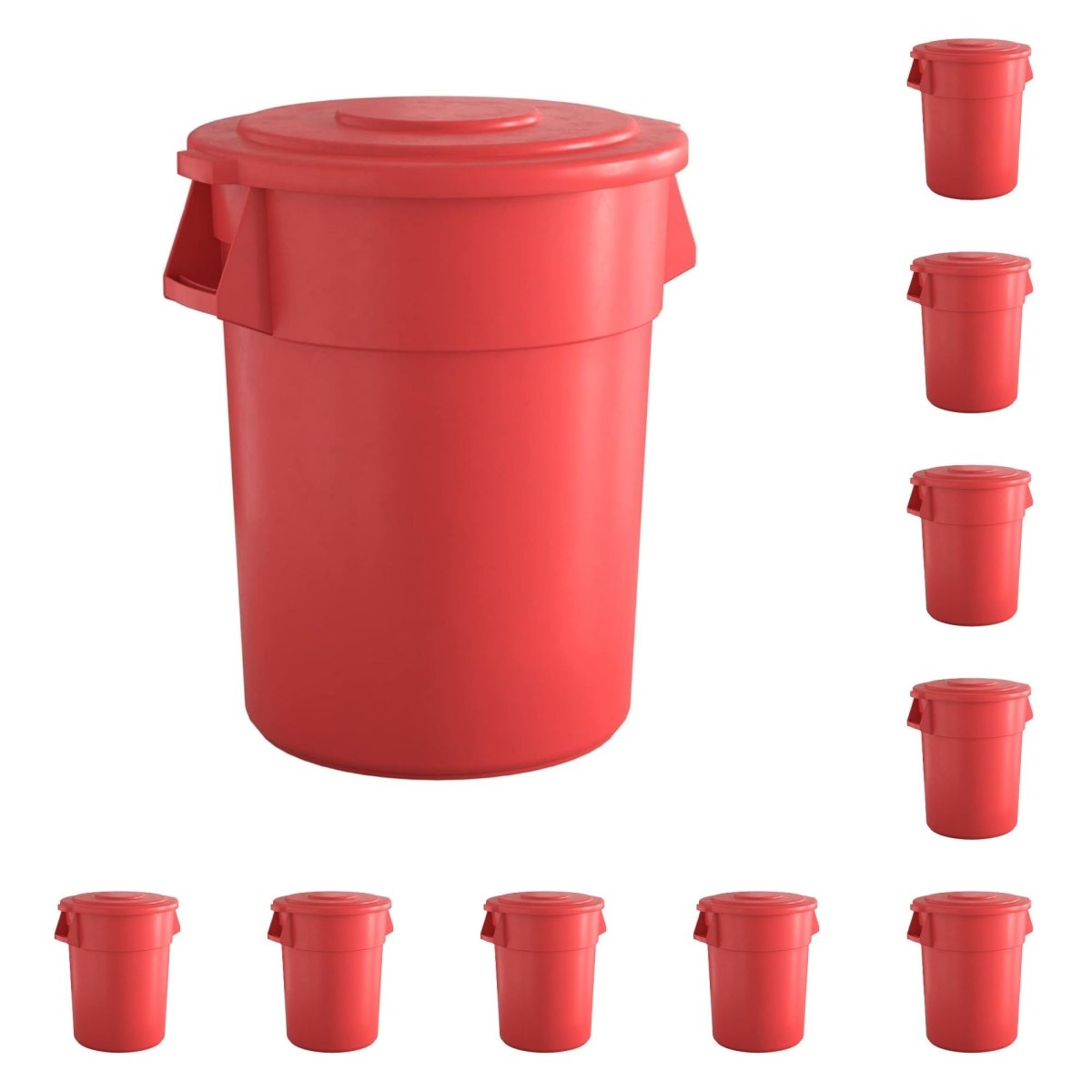 10 Pack! 55 Gallon Red Round Commercial Trash Can With Lid - PRO&Family