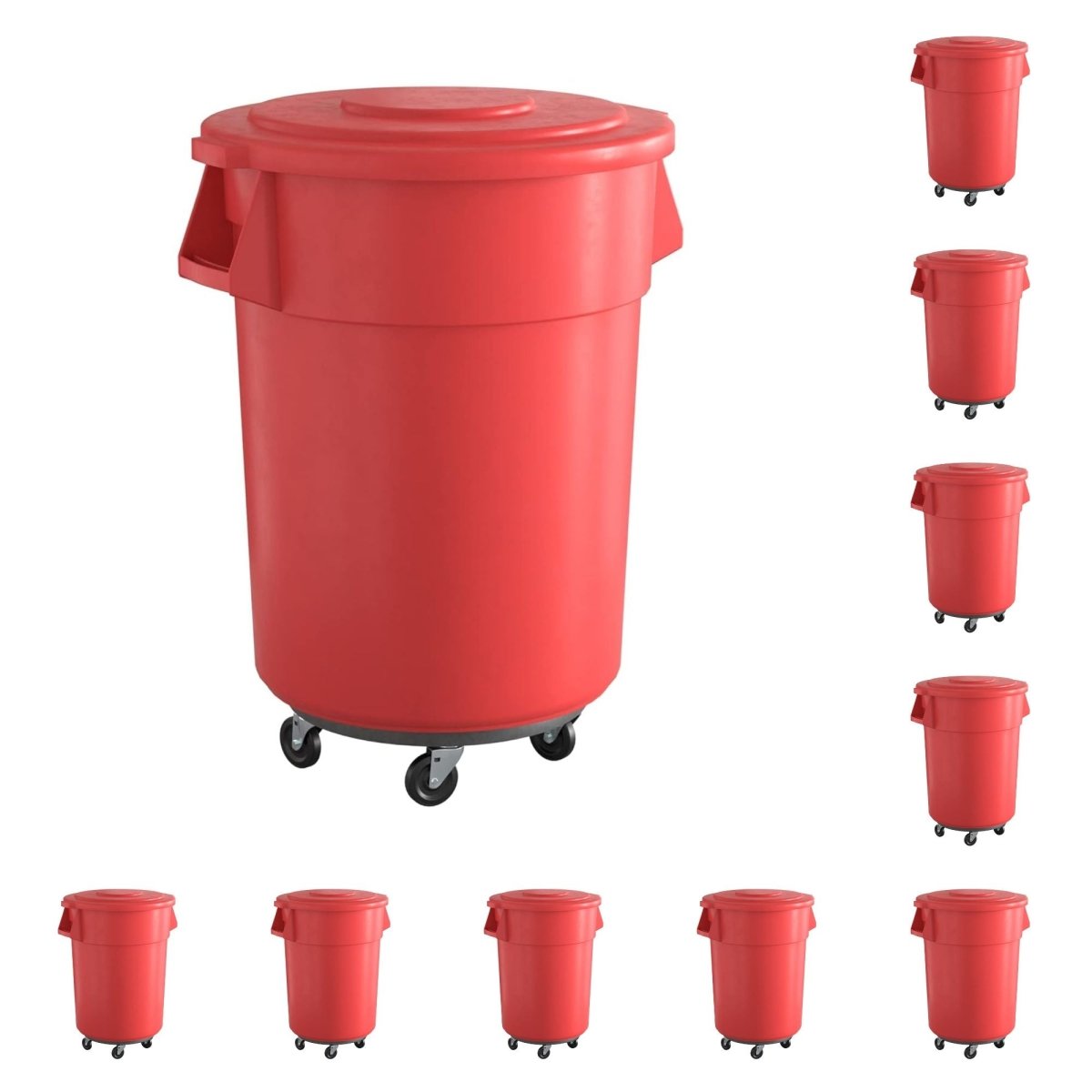 10 Pack! 55 Gallon Red Round Commercial Trash Can With Lid And Dolly - PRO&Family