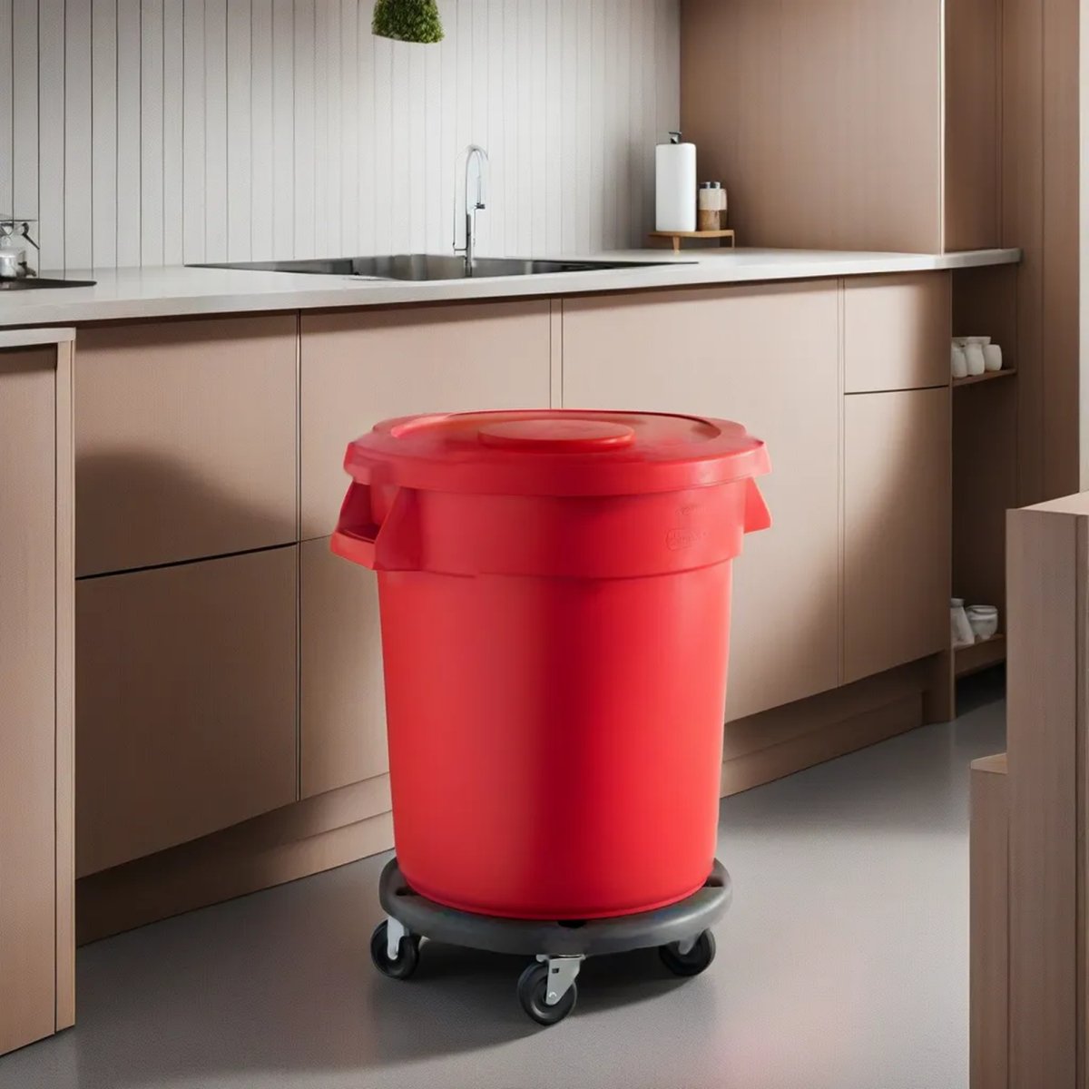 20 Gallon Red Round Commercial Trash Can With Lid And Dolly - PRO&Family