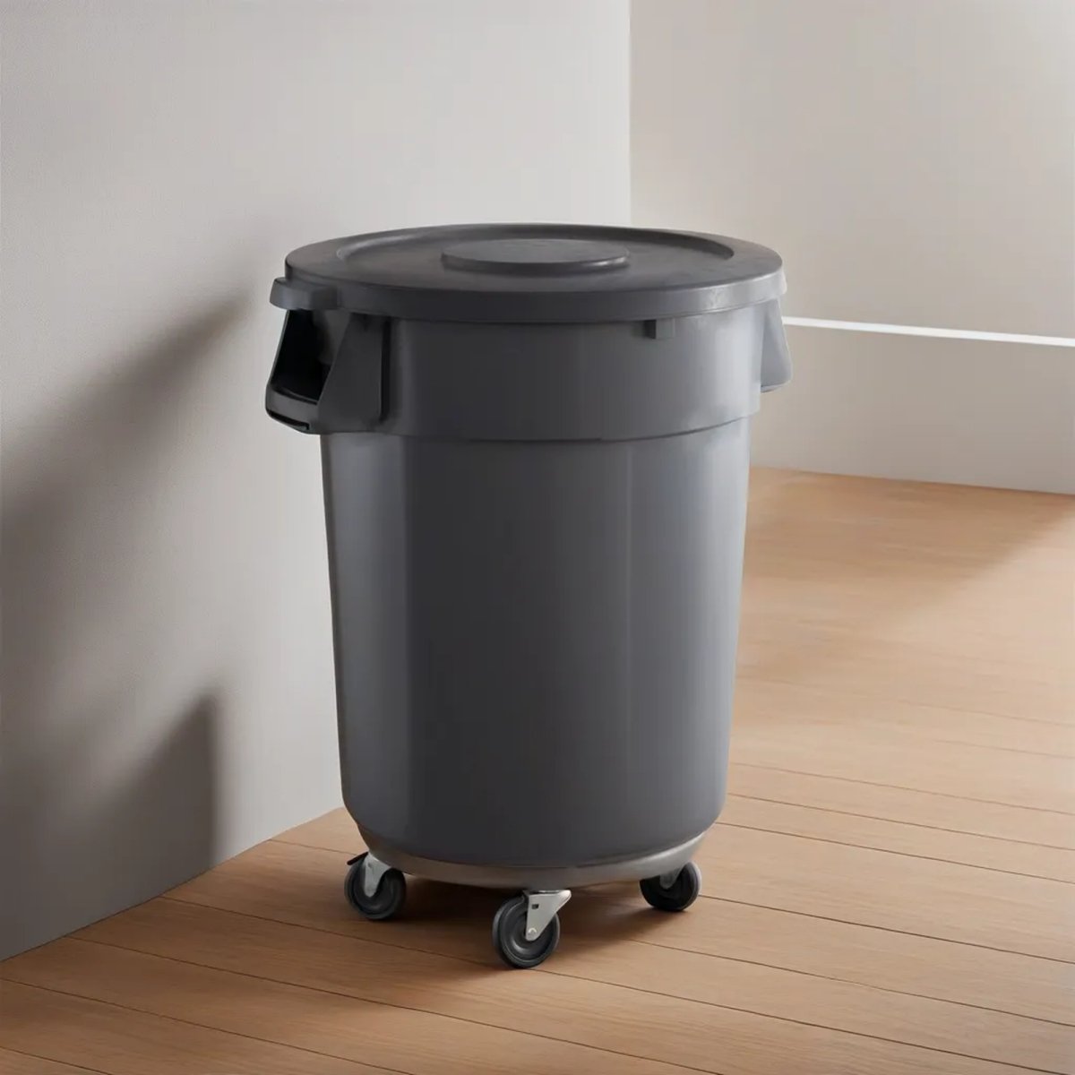 32 Gallon Gray Round Commercial Trash Can With Lid And Dolly - PRO&Family