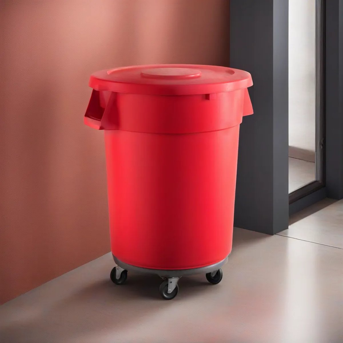 32 Gallon Red Round Commercial Trash Can With Lid And Dolly - PRO&Family