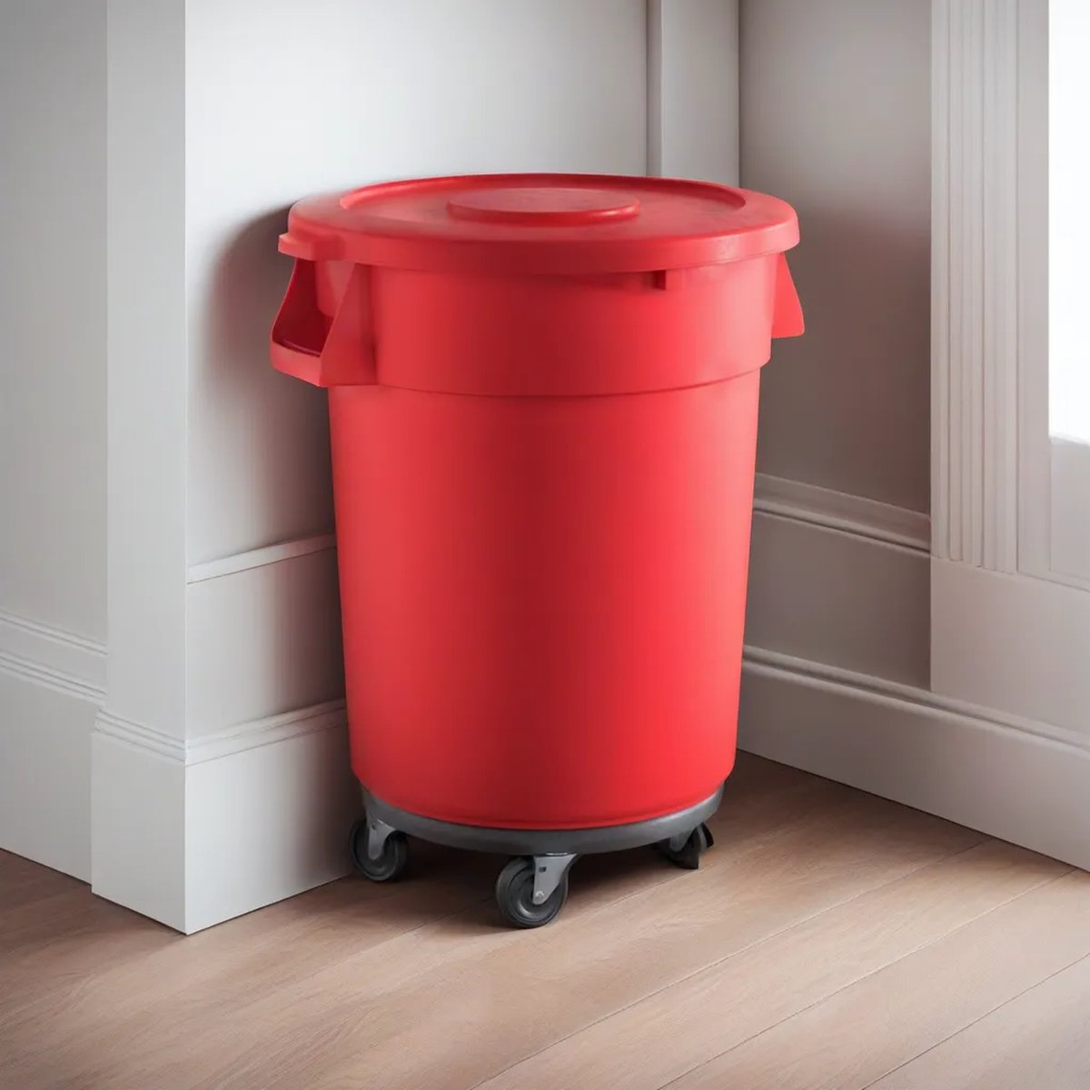 32 Gallon Red Round Commercial Trash Can With Lid And Dolly - PRO&Family