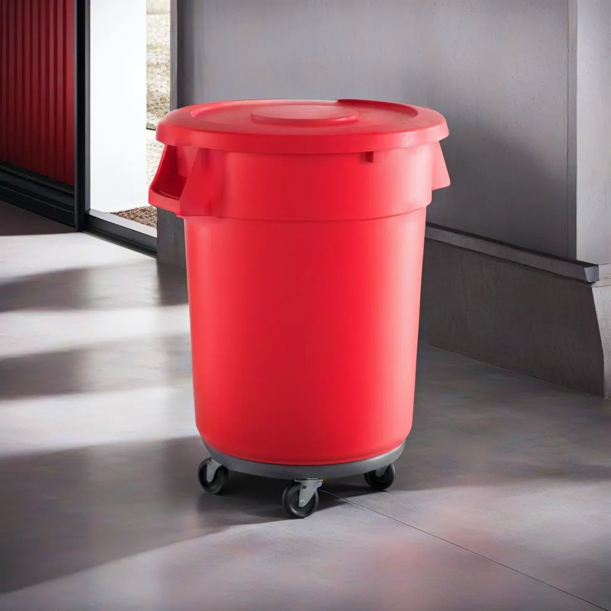 32 Gallon Red Round Commercial Trash Can With Lid And Dolly - PRO&Family