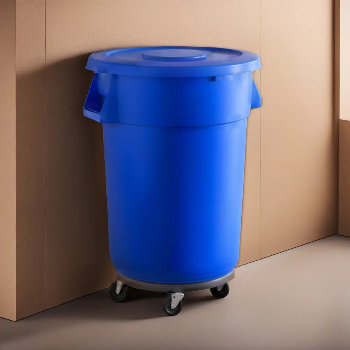 44 Gallon Blue Round Commercial Trash Can With Lid And Dolly - PRO&Family