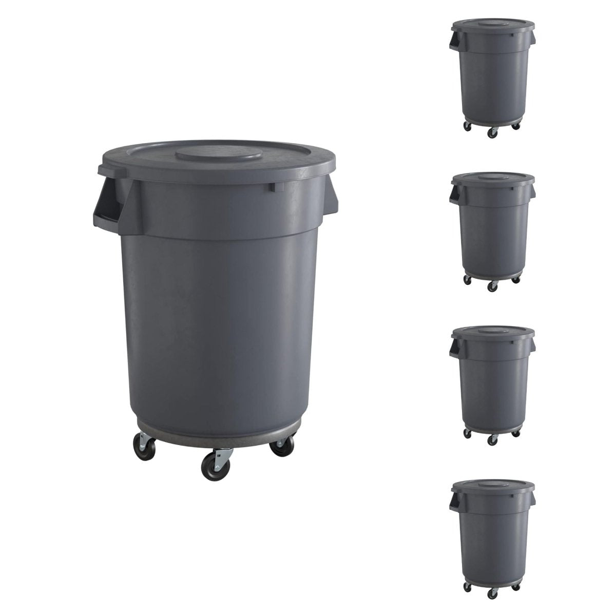 5 Pack! 32 Gallon Gray Round Commercial Trash Can With Lid And Dolly - PRO&Family