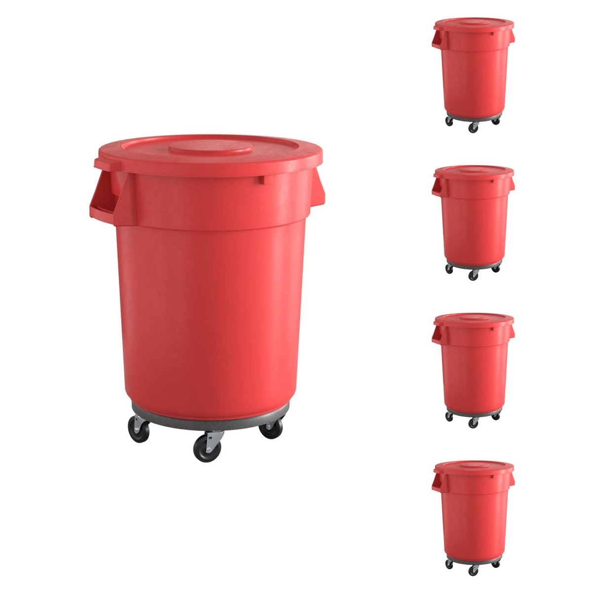 5 Pack! 32 Gallon Red Round Commercial Trash Can With Lid And Dolly - PRO&Family