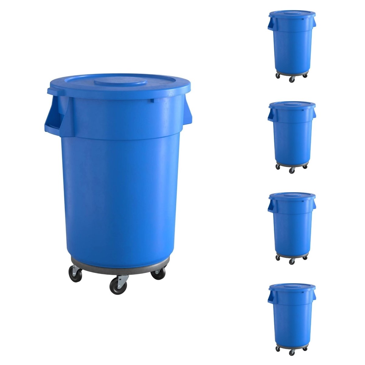 5 Pack! 44 Gallon Blue Round Commercial Trash Can With Lid And Dolly - PRO&Family