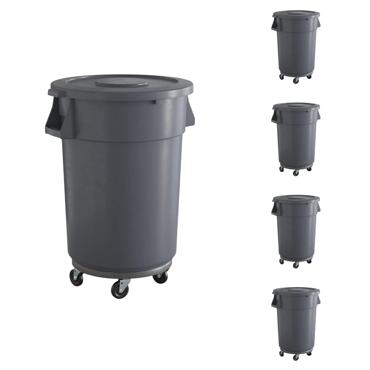 5 Pack! 44 Gallon Gray Round Commercial Trash Can With Lid And Dolly - PRO&Family