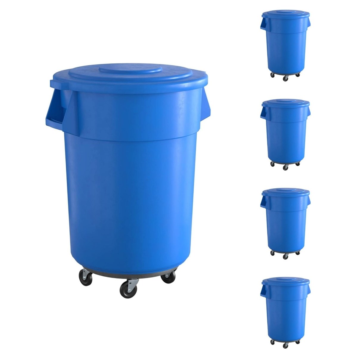 5 Pack! 55 Gallon Blue Round Commercial Trash Can With Lid And Dolly - PRO&Family