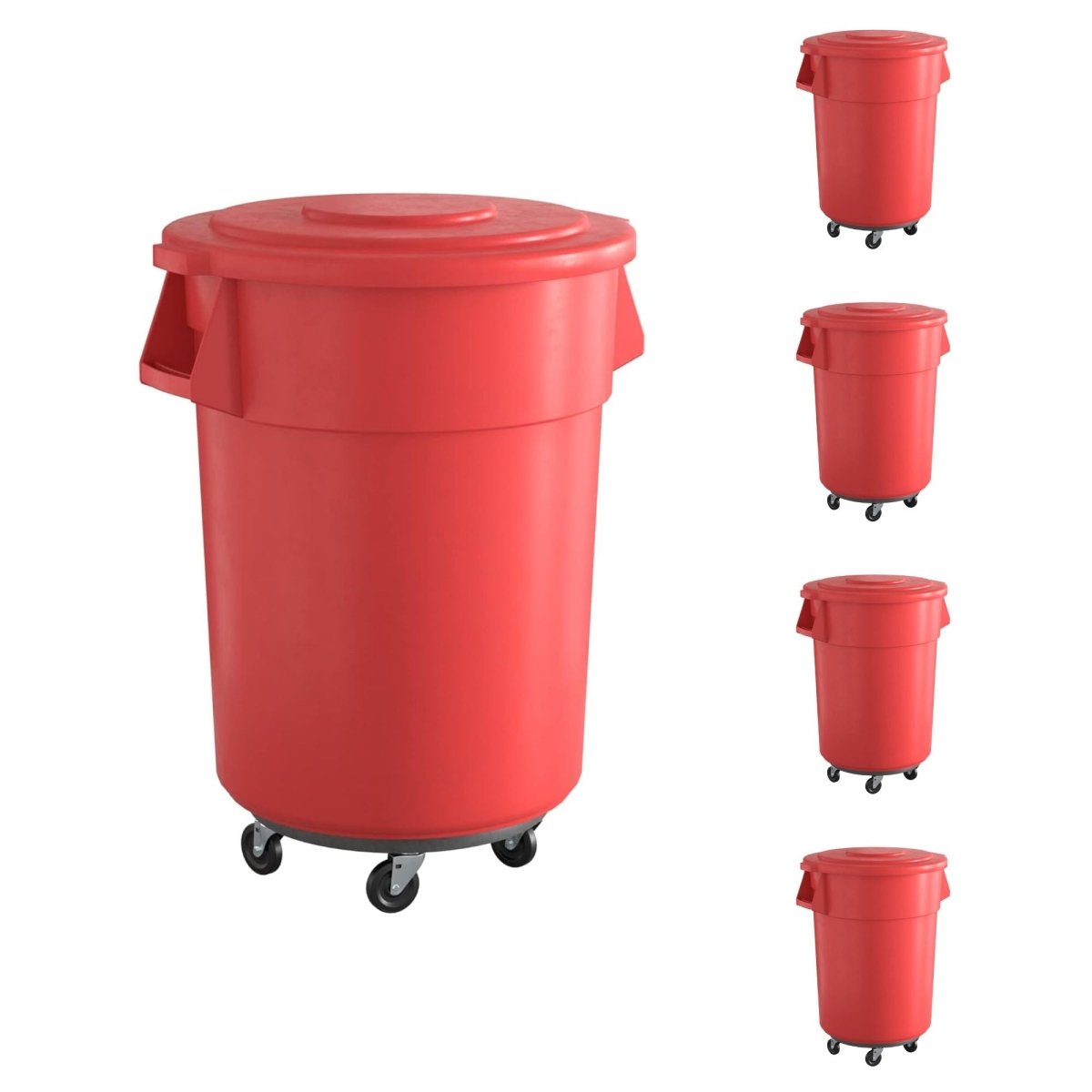 5 Pack! 55 Gallon Red Round Commercial Trash Can With Lid And Dolly - PRO&Family